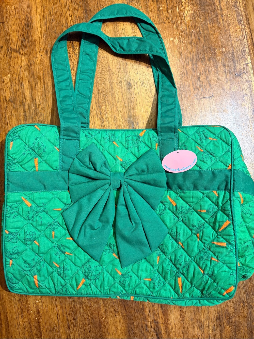 Green Quilted Tote Bag with Carrot & Bow Accent